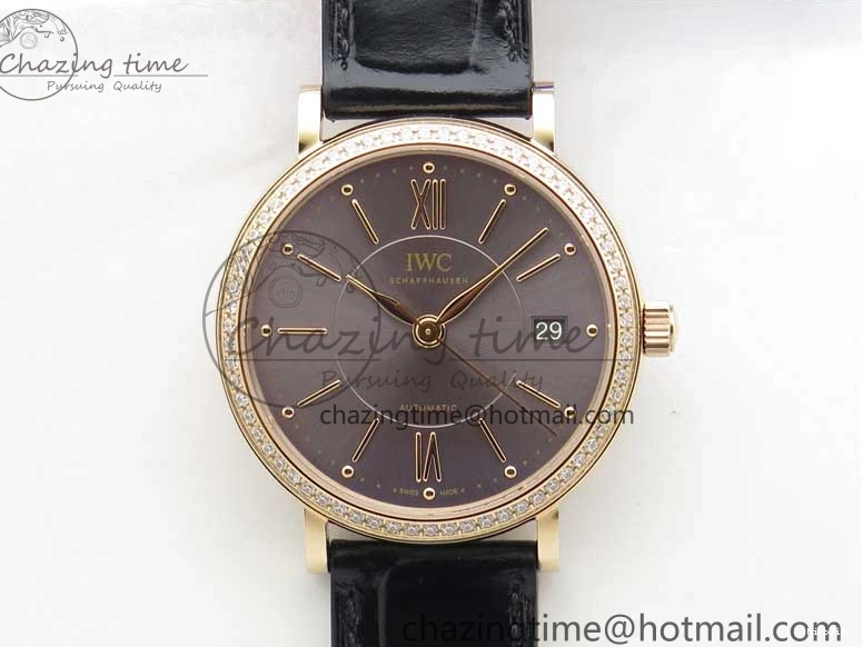 MIROTIME 1218 Durable Portofino 37mm RG V7F 1:1 Best Edition Gray Dial Diamonds Bezel on Black Leather Strap A 7089